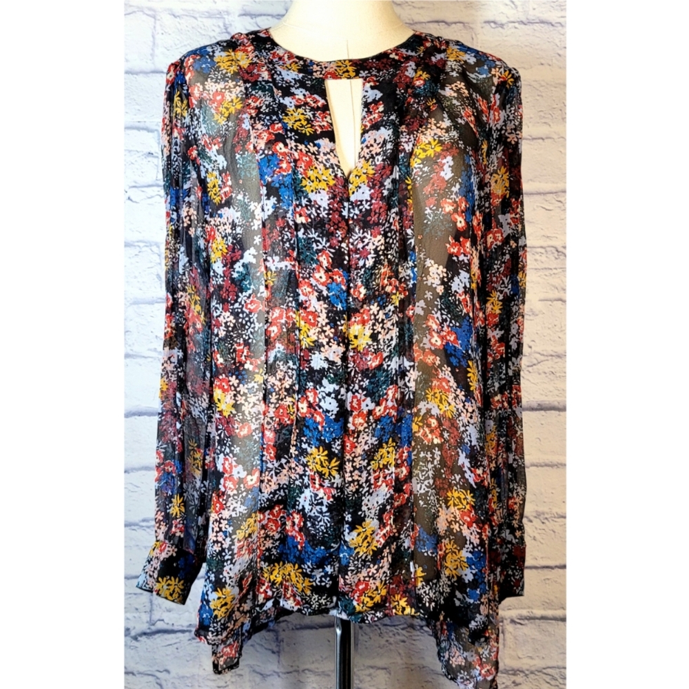 Ella Moss Silk Blouse Multicolor Size M Sheer Floral Pleated Keyhole Peasant